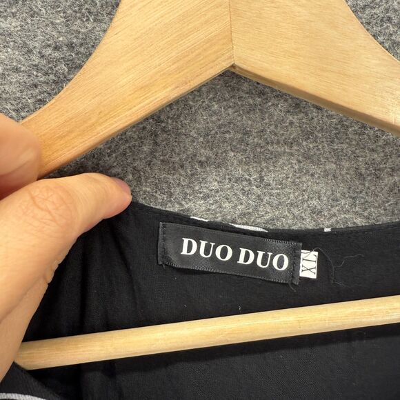 DuoDuo Dress Women XL Black Geometric Shift Midi Short Sleeve Round Neck - Picture 3 of 7